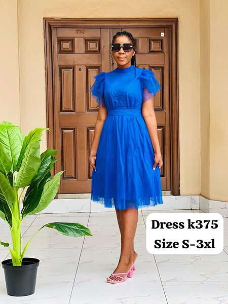 Women's Blue Knee-Length Dress with Short Sleeves S-3xl