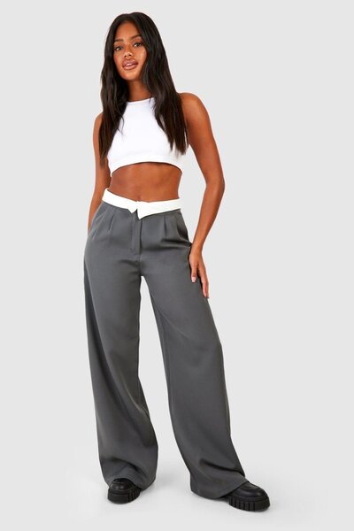 Pantalon large taille haute gris