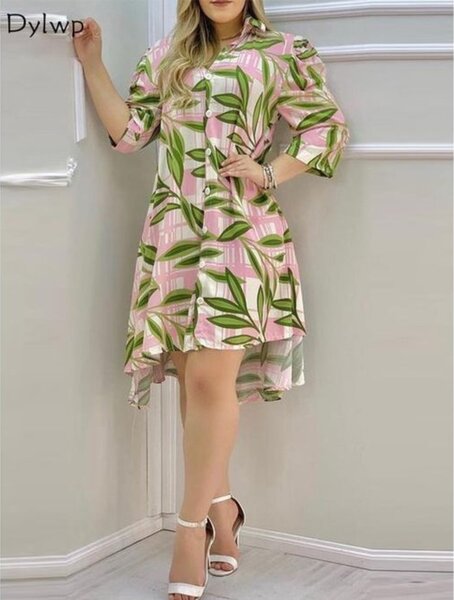 Women Long Sleeve Shirt Dress Casual Floral Print Midi Dress