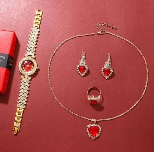 Golden Luxury Watch Women Ring Necklace Earring Rhinestone