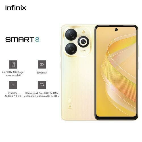 Infinix Smart 8 - 6.6 Pouces - Ram (3+3)Go  - Rom 64Go - 13MP - 5000 MAh - Or