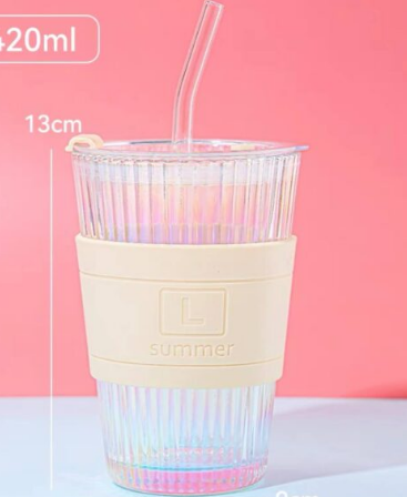 Stripped Summer Fashion Iridescent Glass Tumbler with Spill-Proof and Silicone Sleeve