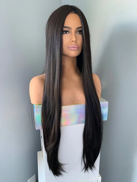 KIM" - LONG BLACK SILKY STRAIGHT PARTIAL LACE FRONT WIG