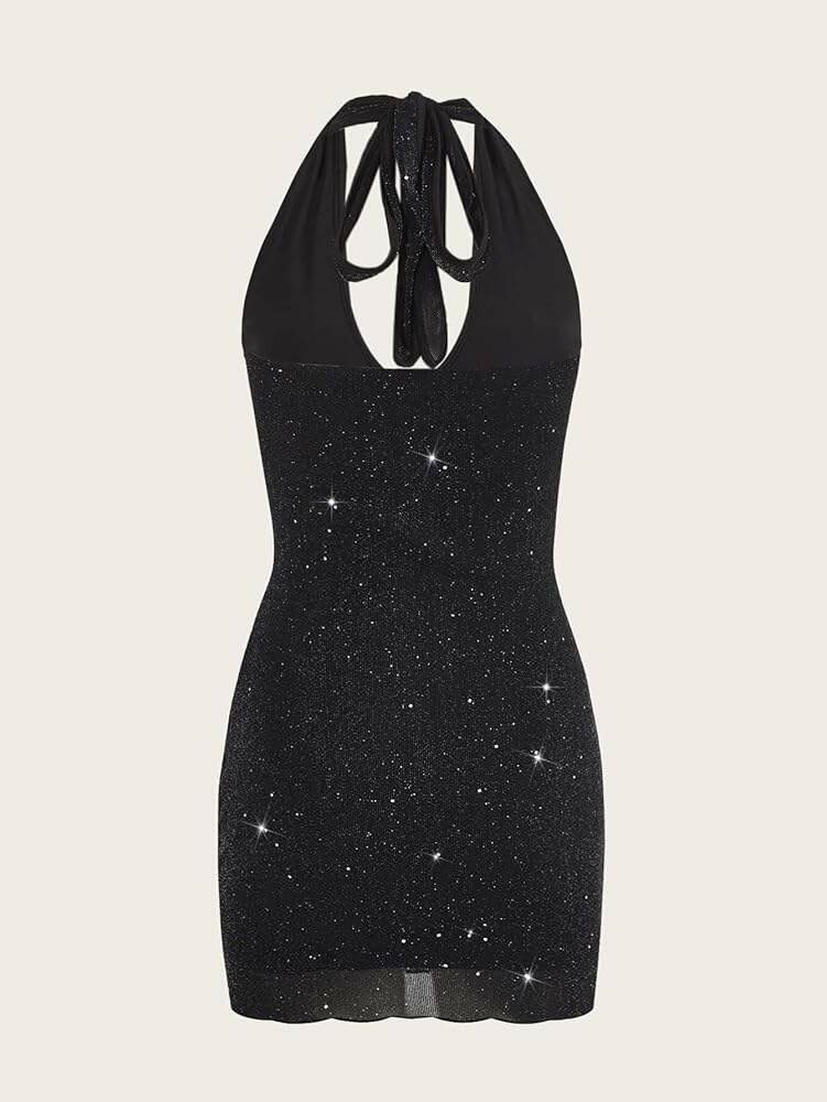 Deep V-neck Cut Out Front Backless Glitter Bodycon Dress