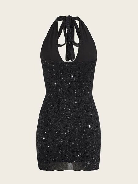 Deep V-neck Cut Out Front Backless Glitter Bodycon Dress