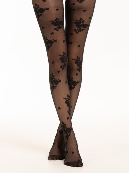 Collant Noir à Motifs Floraux