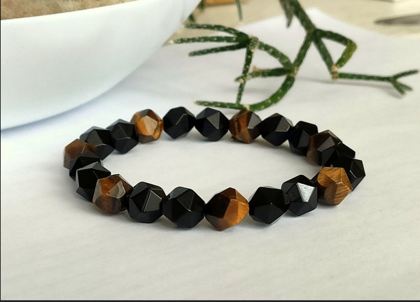 Bracelet Hexagonal Œil de tigre & Obsidienne