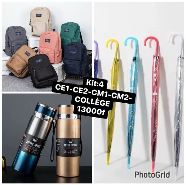 Set collège: sacs, parapluies, bouteilles