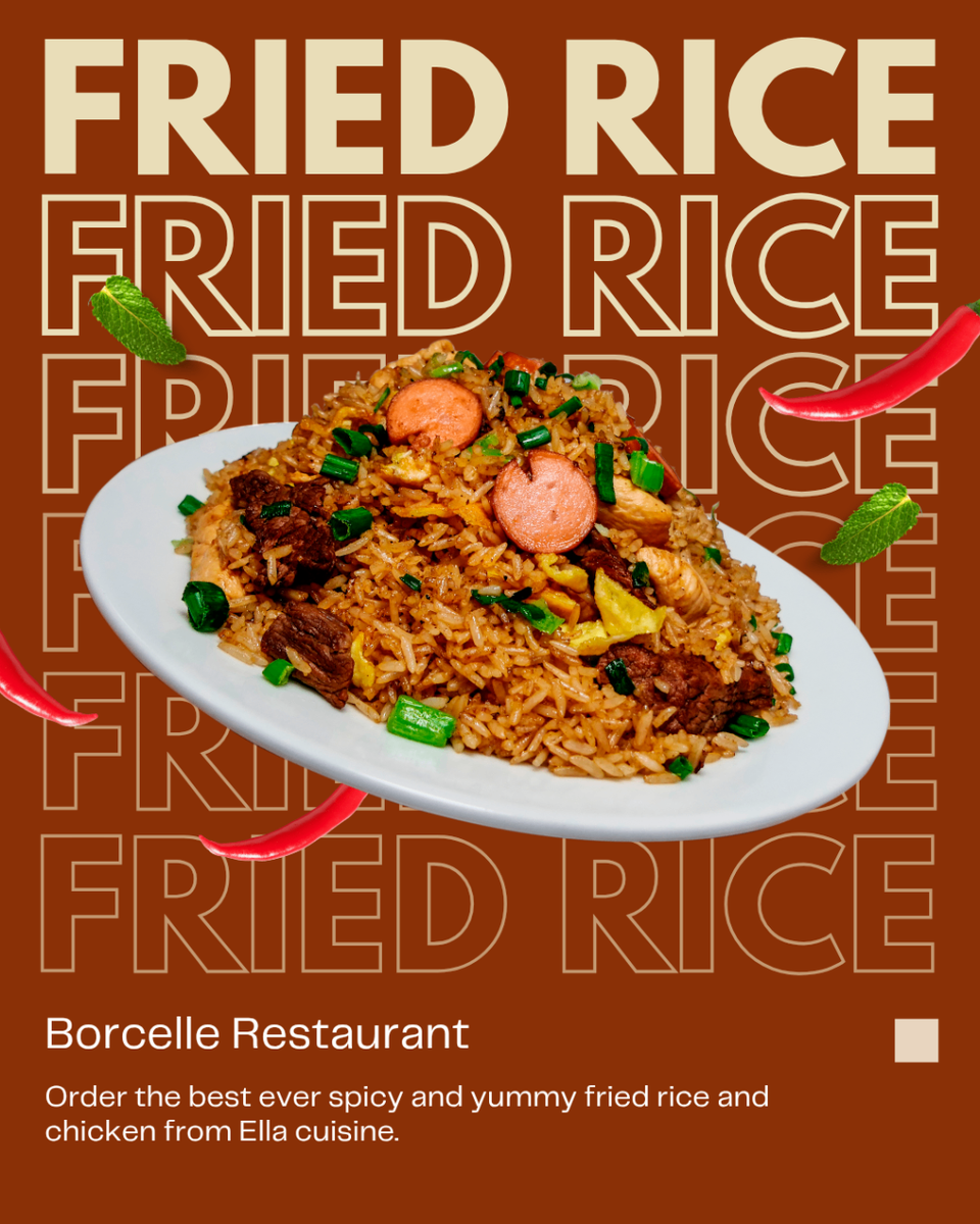 Spicy jollof and fried rice with chicken