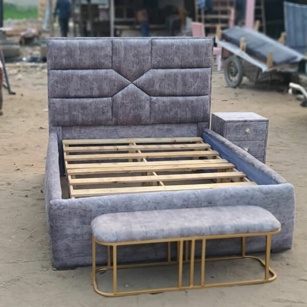 Double bed frame with side drawers and foot bench