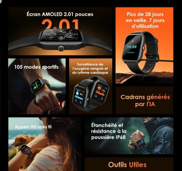 oraimo Watch 5 Lite 1HD 2,01 pouces - Montre intelligente IP
