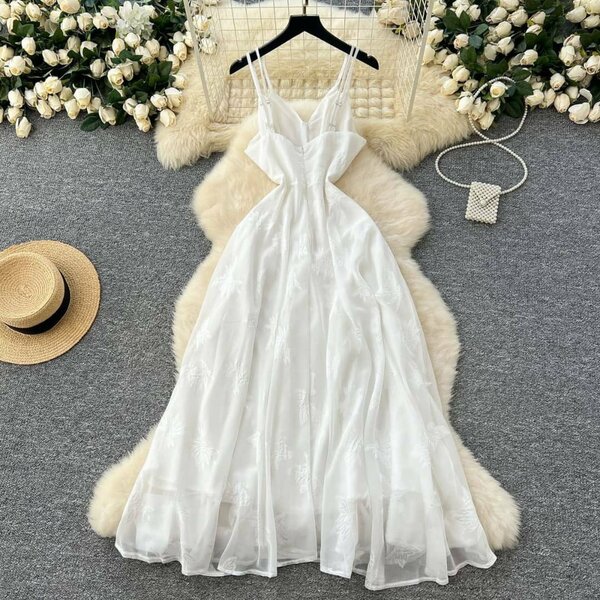 Stylish suspender embroidery dress