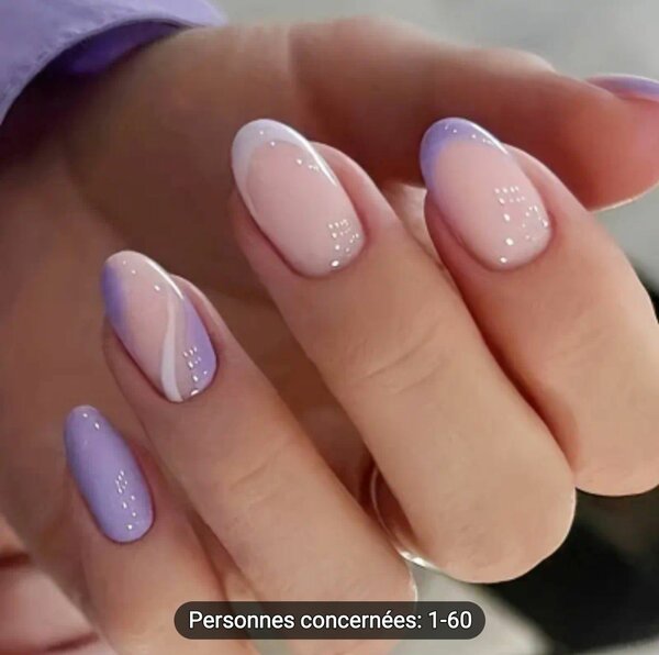 24pcs Ongles Courts Press-On Ovale, Motif Rayé Brillant