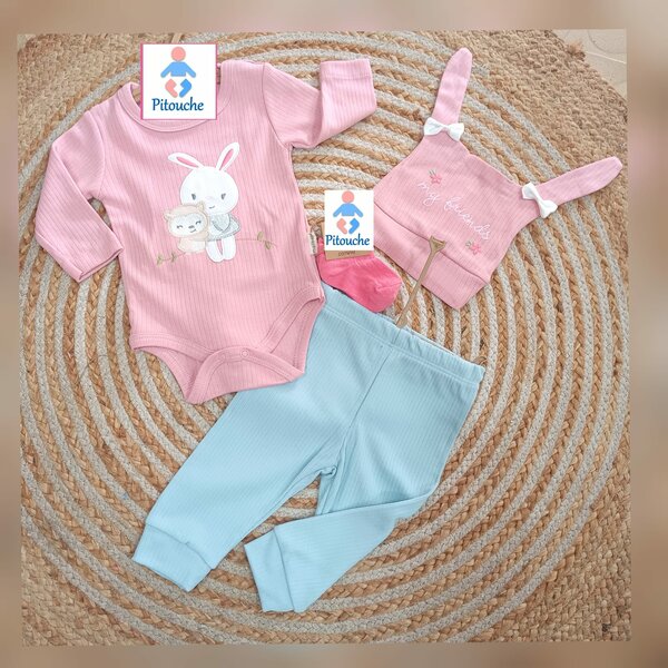 Lot de 3 pièces enfant rose-bleu : veste, pantalon et bonnet