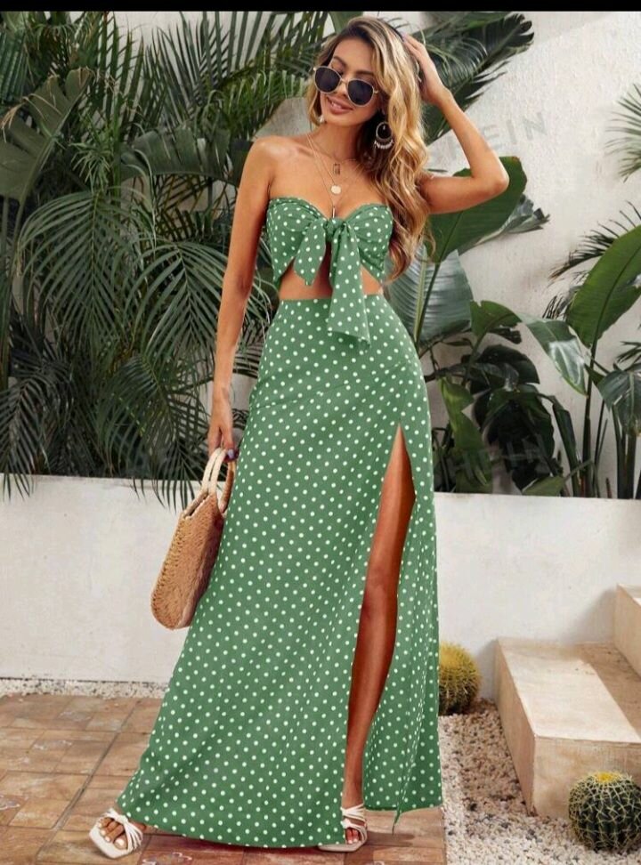 Women VCAY strapless polka dots crop top and slit skirts