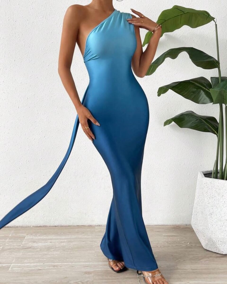 One Shoulder Draped Side Mermaid Hem Dress Maxi Outfit