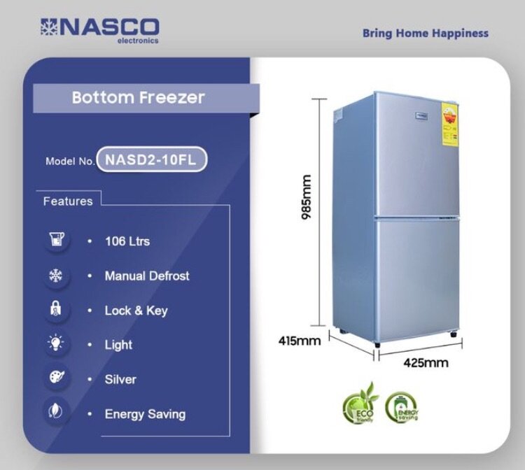 NASD2-10FL Bottom Freezer Double Door Fridge -106 Litres - S