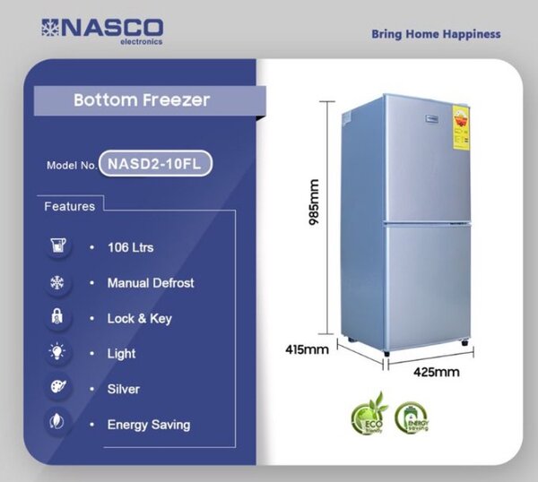 NASD2-10FL Bottom Freezer Double Door Fridge -106 Litres - S