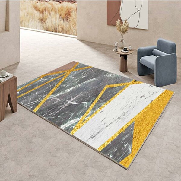 Tapis de salon imprimé 3d couleur de gris blanc et dore