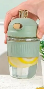 Portable Bunny Ear Flip Top Straw Glass Tumbler with Silicone Sleeve