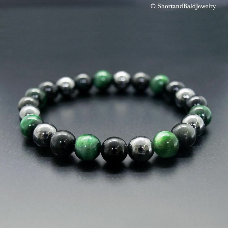 Bracelet œil de tigre vert + Hématite + obsidienne noire