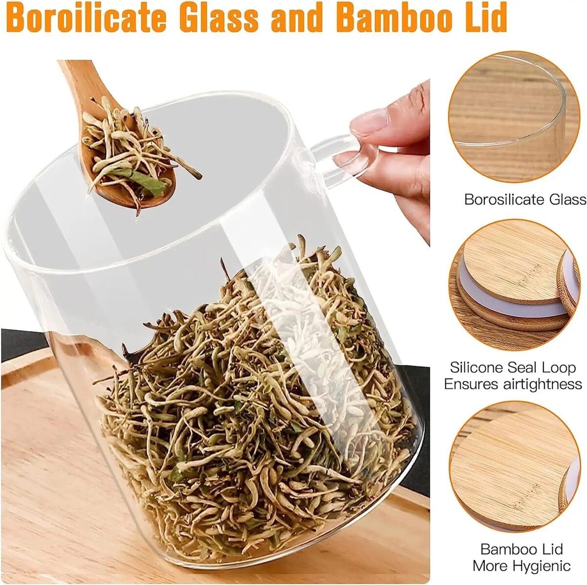 Glass jar with bamboo lid and spoon