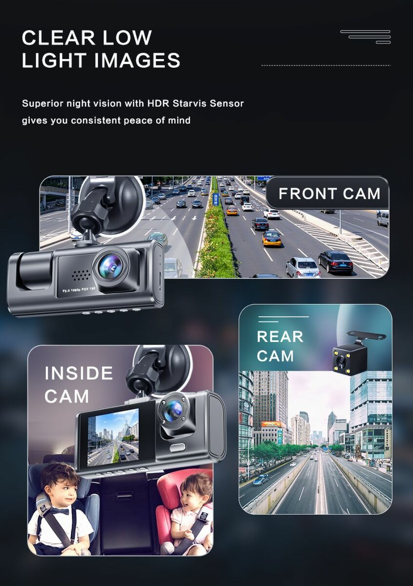 Vehicle 3Lens Dashcam Camcorder Monitor Recorder 3Inch