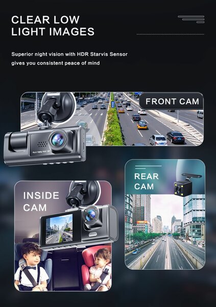 Vehicle 3Lens Dashcam Camcorder Monitor Recorder 3Inch