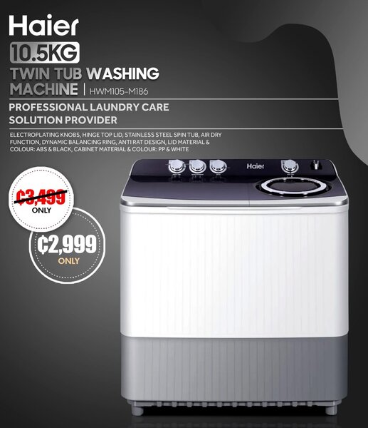 HAIER [ 10.5KG TWIN TUB WASHING MACHINE | HWM105-M186 ]