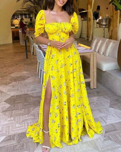 Robe longue jaune fleurie élégante