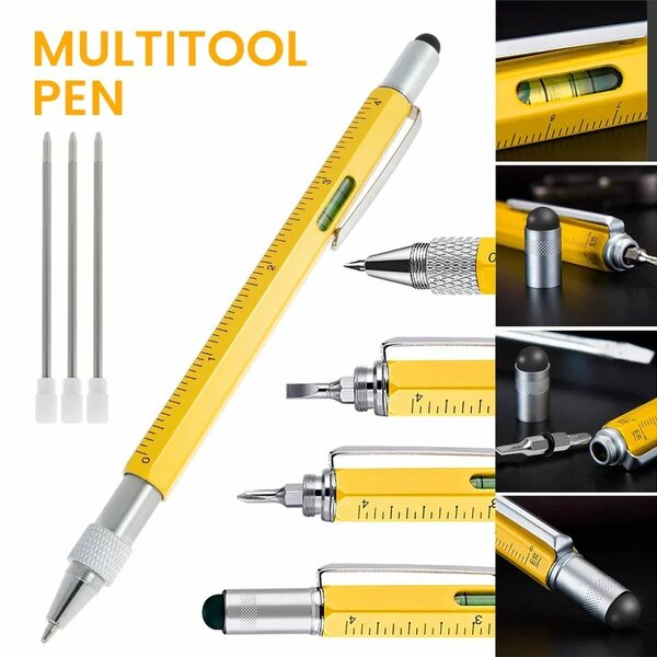 Stylo en acier multifonctionnel 6 en 1 + 4 mines de recharge