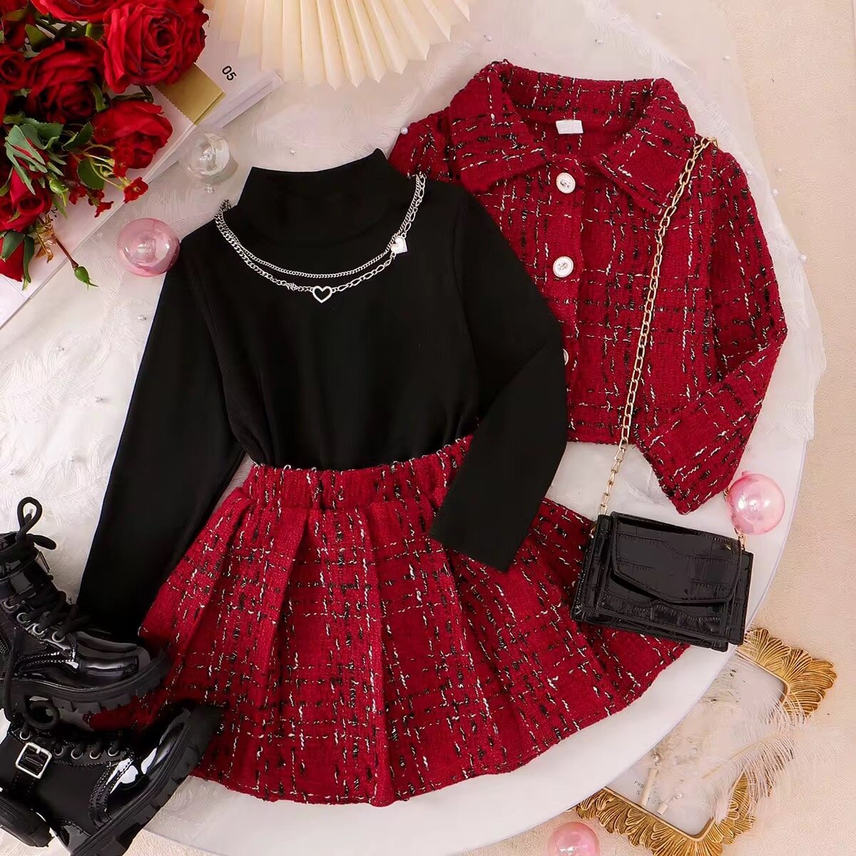 Ensemble chic fille tweed rouge