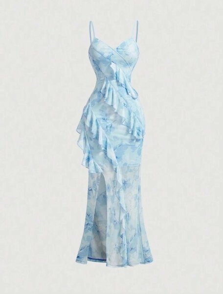 Robe longue à volants bleus