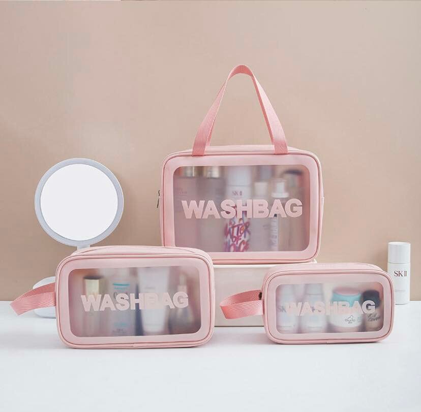 Lot de 3 sacs étanches de rangements composés de trousse de toilette de cosmétique, rose