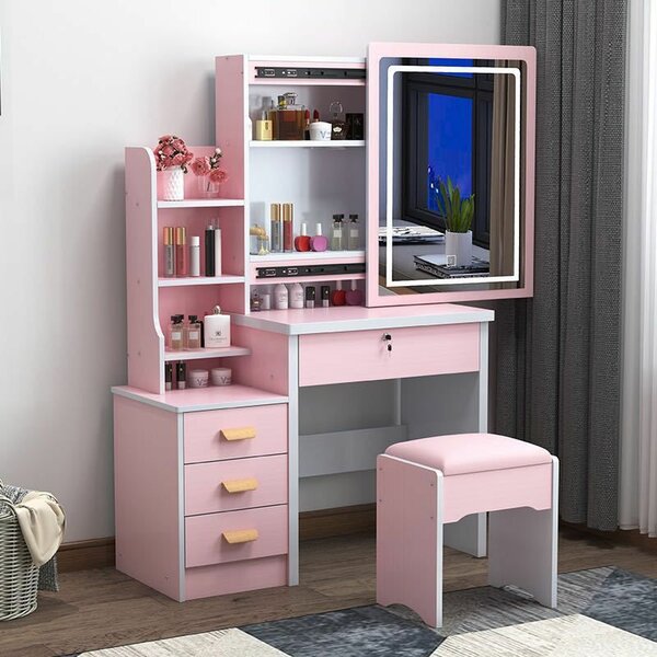 Dresser Mirror Table Cabinet with Light and Chair