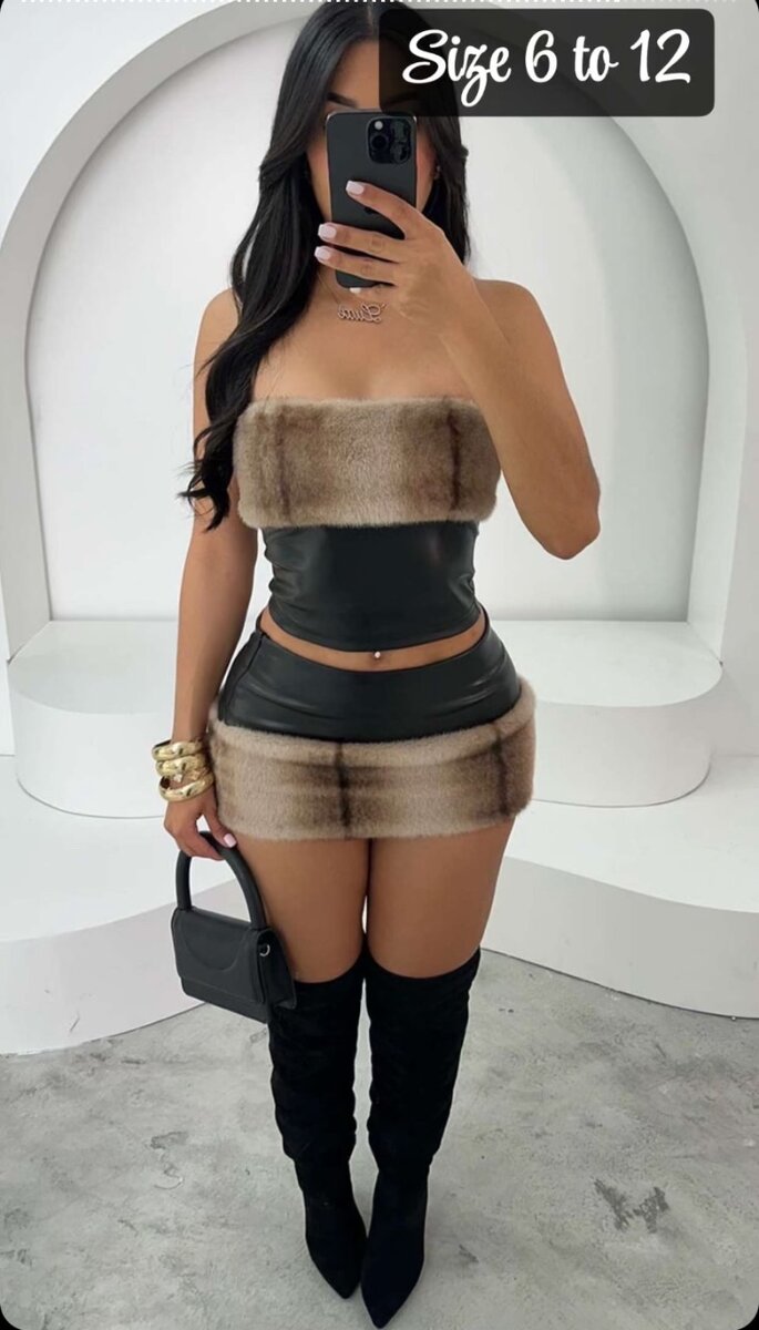 Black skirt and blouse with fur