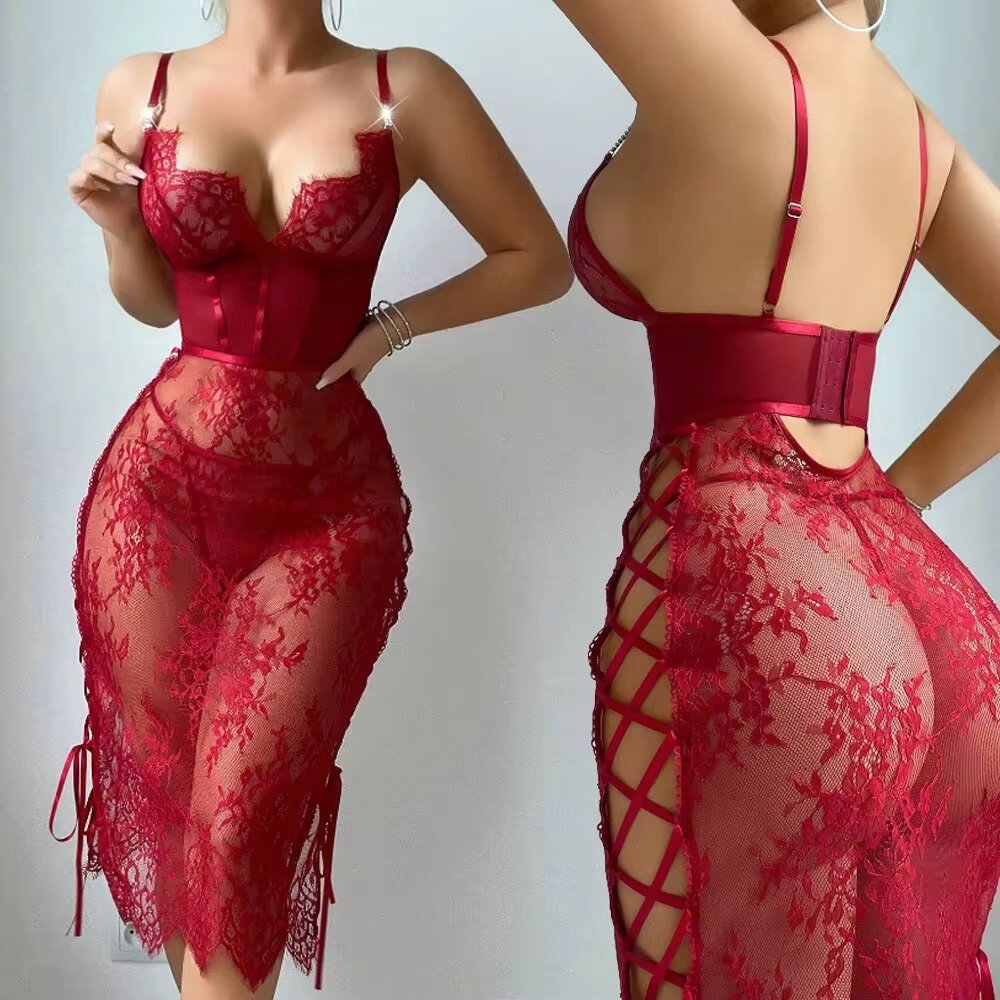 Robe lingerie transparente rouge