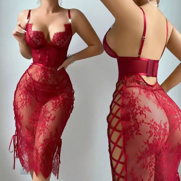 Robe lingerie transparente rouge