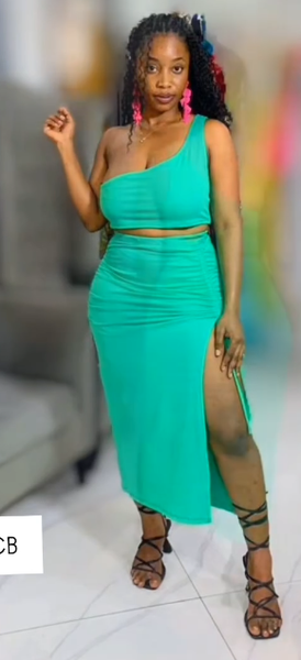 One Arm Two Piece Skirt Set Green  