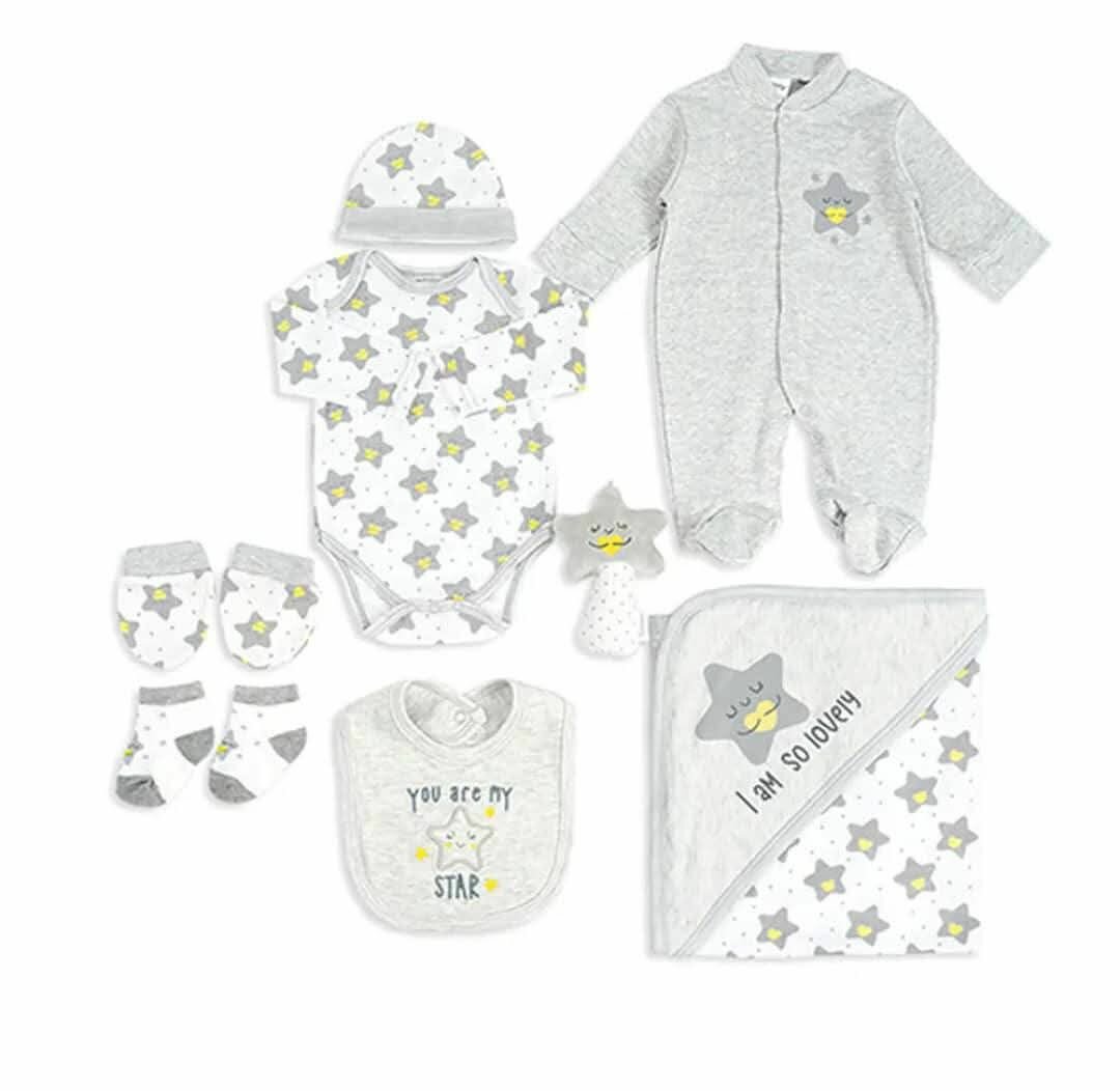 Ensemble de vêtements pour nouveau-né (Body, combinaison, chaussettes, bonnet, mitaines, bavoir, couverture et peluche) imprimé étoile, couleur-gris