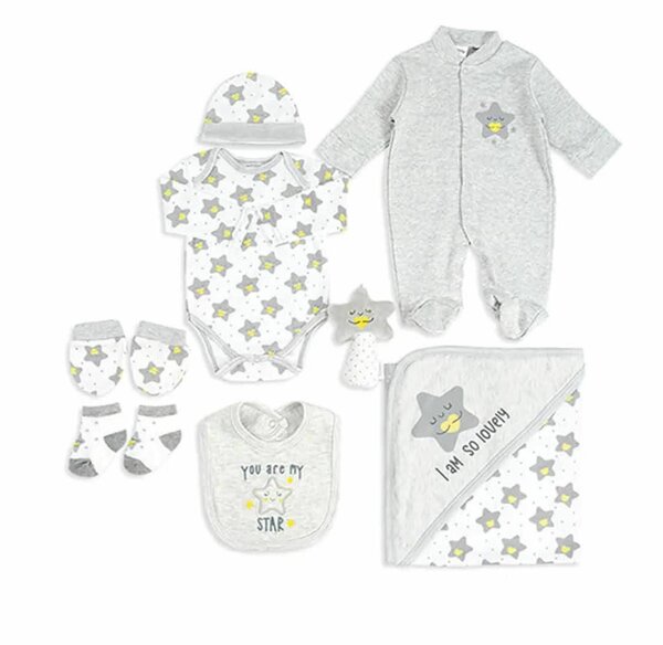 Ensemble de vêtements pour nouveau-né (Body, combinaison, chaussettes, bonnet, mitaines, bavoir, couverture et peluche) imprimé étoile, couleur-gris