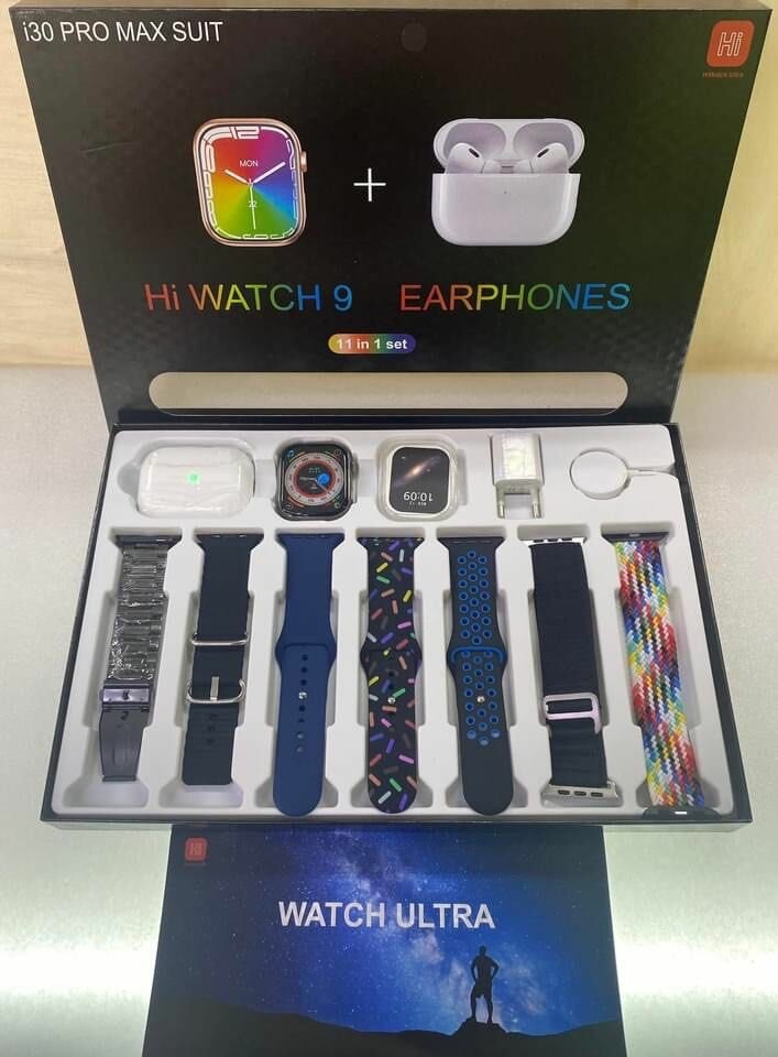 i30 Série 9 : 7 Bracelets, 1 Montre connecté, 1 iPod Pro, 1 coque de protection : Un kit à 11 pièces Noir
