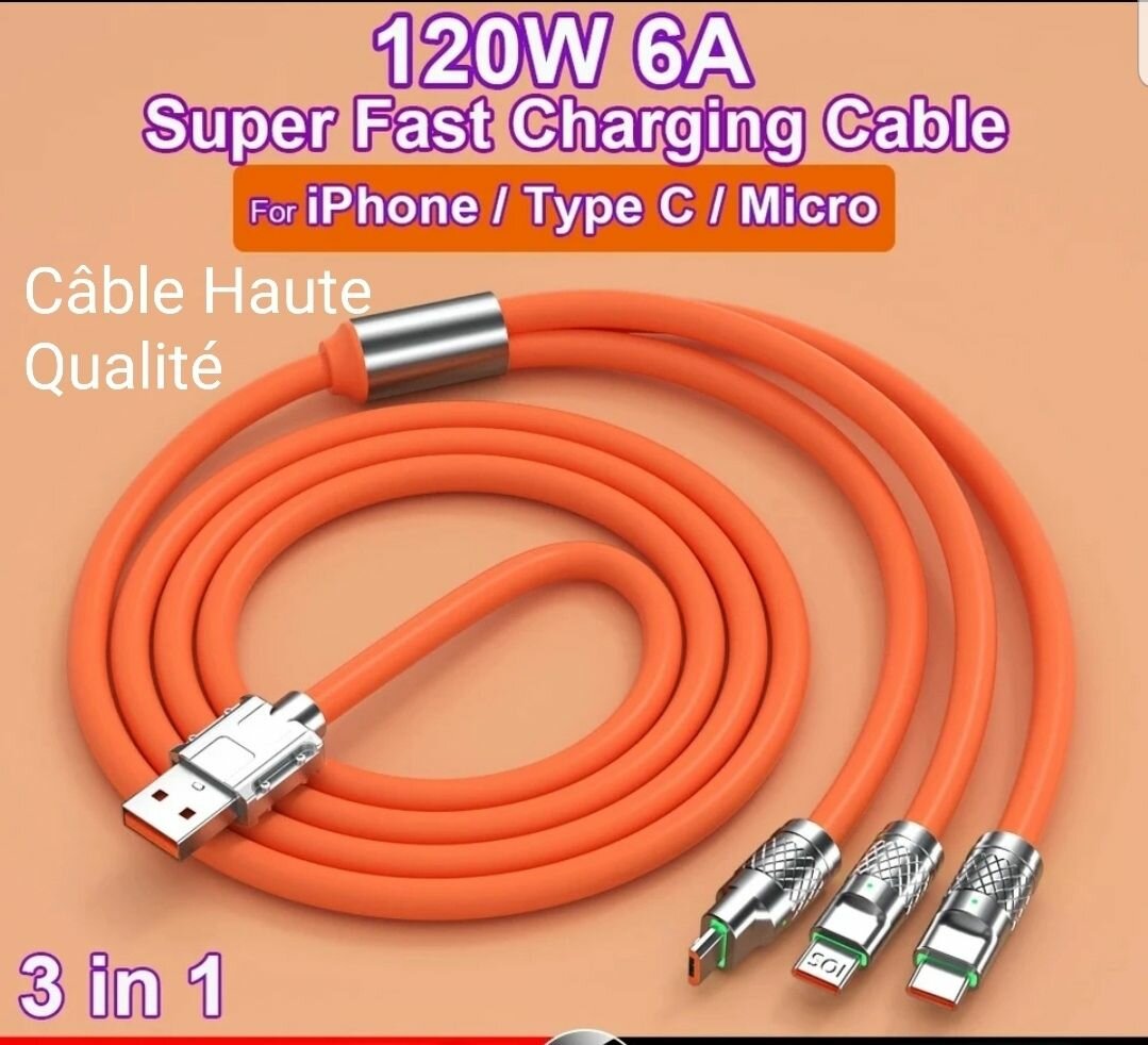 Câble Android iPhone Type-C Ultra 120w - 3 en 1