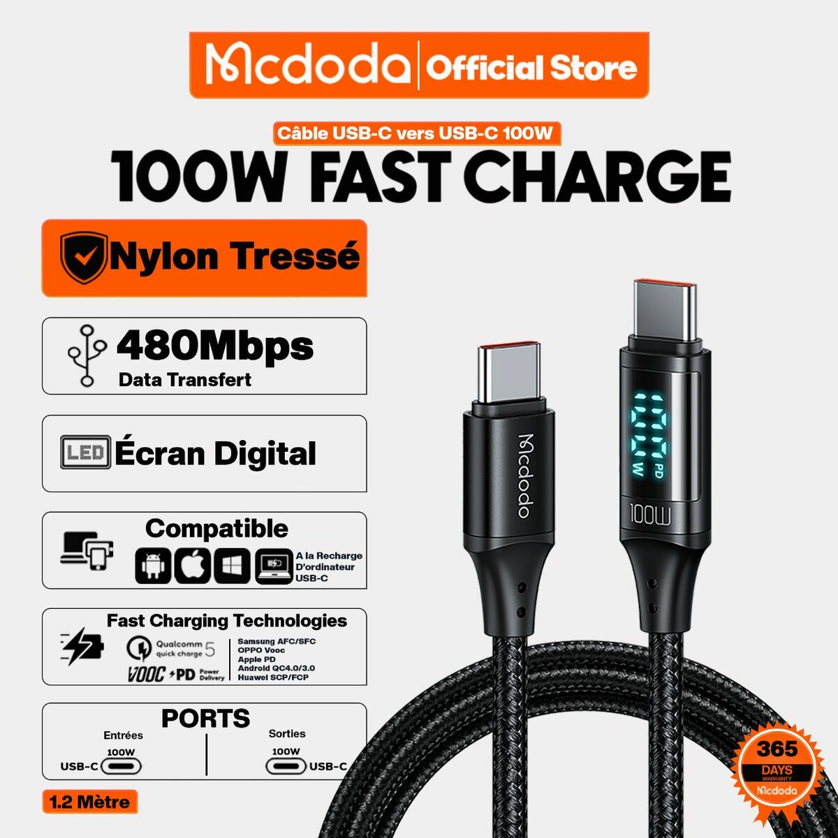 Mcdodo Câble 100W Type-C to Type-C Super Fast Charge