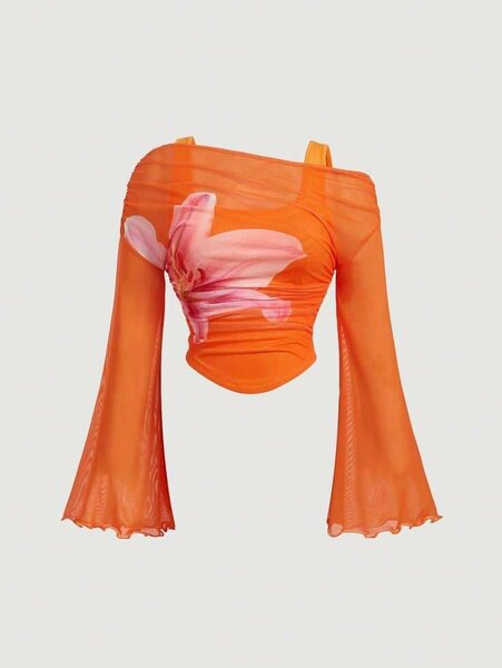 Top orange à fleur unique