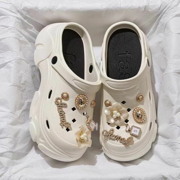 WHITE CROCS WITH RIBBONS