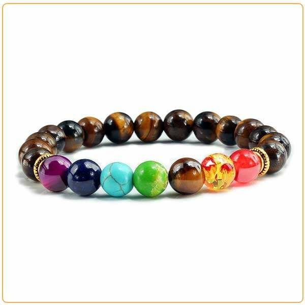 Bracelets 7 chakras dominé par l'oeil de tigre
