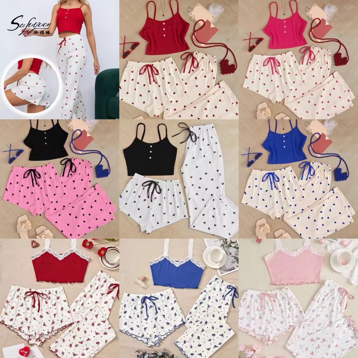 Pyjama court femme à coeurs