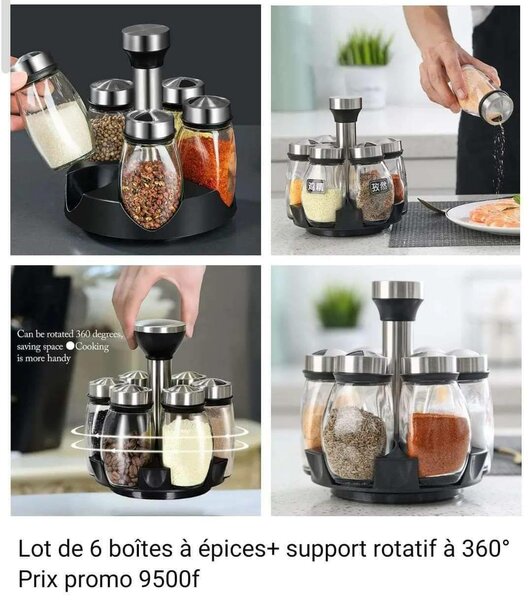 Lot de 6 boîtes à épices+ support rotatif à 360°