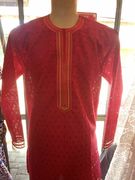 Embroidered lace kaftan and fabrics